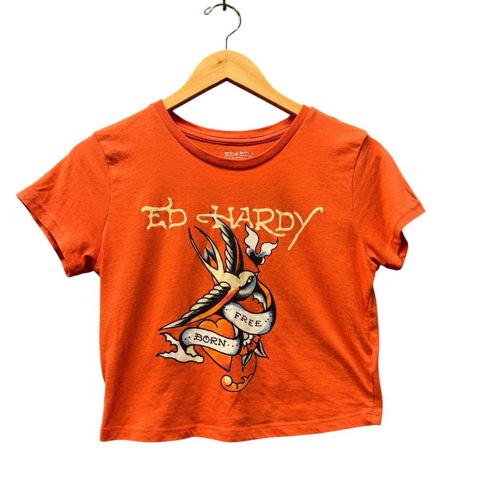 Ed Hardy T Shirt Womens L Orange Tattoo Graphic Baby Tee Cropped Top BORN FREE